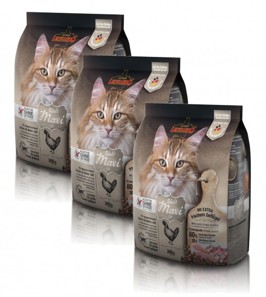 Katzen Trockenfutter - 3x Adult GF Maxi mit Geflügel 300g - Getreidefrei - Leonardo Katzenfutter 