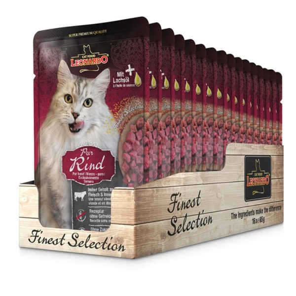 Leonardo Nassfutter für Katzen im Frischebeutel, Rind pur, 16x85g Premium Katzenfutter