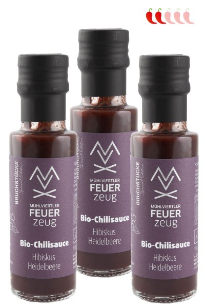 Bio-Chilisauce 3x HIBISKUS-HEIDELBEERE - Schärfegrad 2/5- Chili sauce, scharfe Grillsauce, Chili Soße