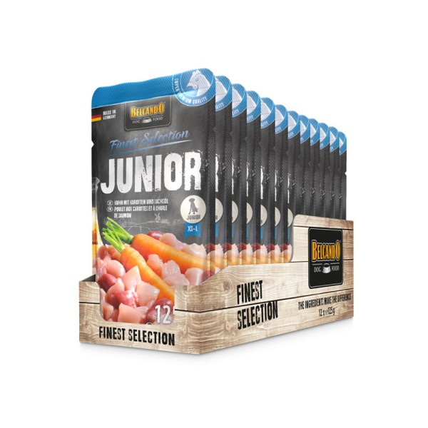 Belcando Frischebeutel [12x125g Junior Huhn mit Karotten| Nassfutter für Hunde | Feuchtfutter Alleinfutter im Einzelportionsbeutel