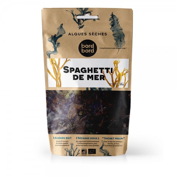 Bord à bord BIO Meeresspaghetti Alge 50g aus Frankreich/Bretagne/Atlantik | Riementang (Himanthalia elongata) | Getrocknete Algen | Laborgeprüft für Smoothies oder als Trocken-Gemüse