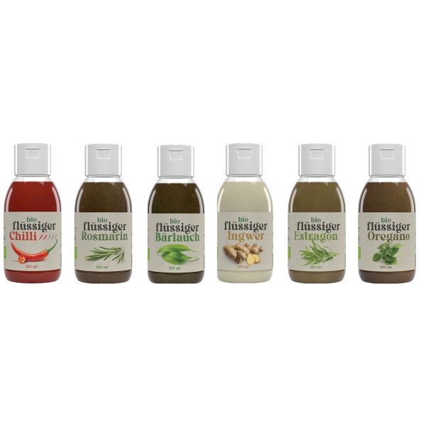 Northern Greens - Flüssige Bio Kräuter” Set 6 x 120ml, bestehend aus Chili, Bärlauch, Ingwer, Rosmarin, Estragon, Oregano