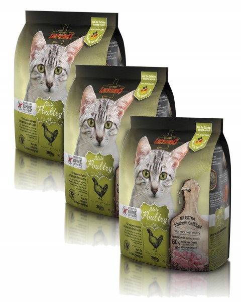 Katzen Trockenfutter - 3x Adult GF Poultry mit Geflügel 300g - Getreidefrei - Leonardo Katzenfutter 