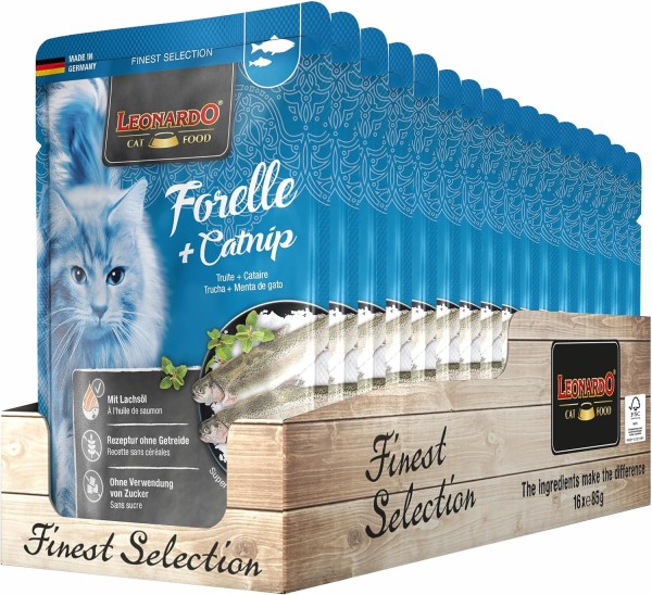 Leonardo Nassfutter Forelle + Catnip 16x85g Premium Katzenfutter