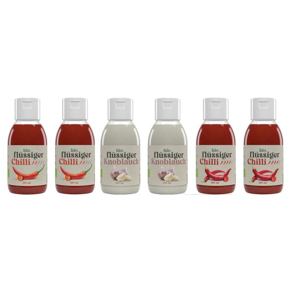 Northern Greens - Flüssige Bio Kräuter” 6x 120ml Set "scharf & schärfer", 6 x 120ml, bestehend aus 2 x Chili scharf, 2 x Chili EXTRA scharf, 2 x Knoblauch